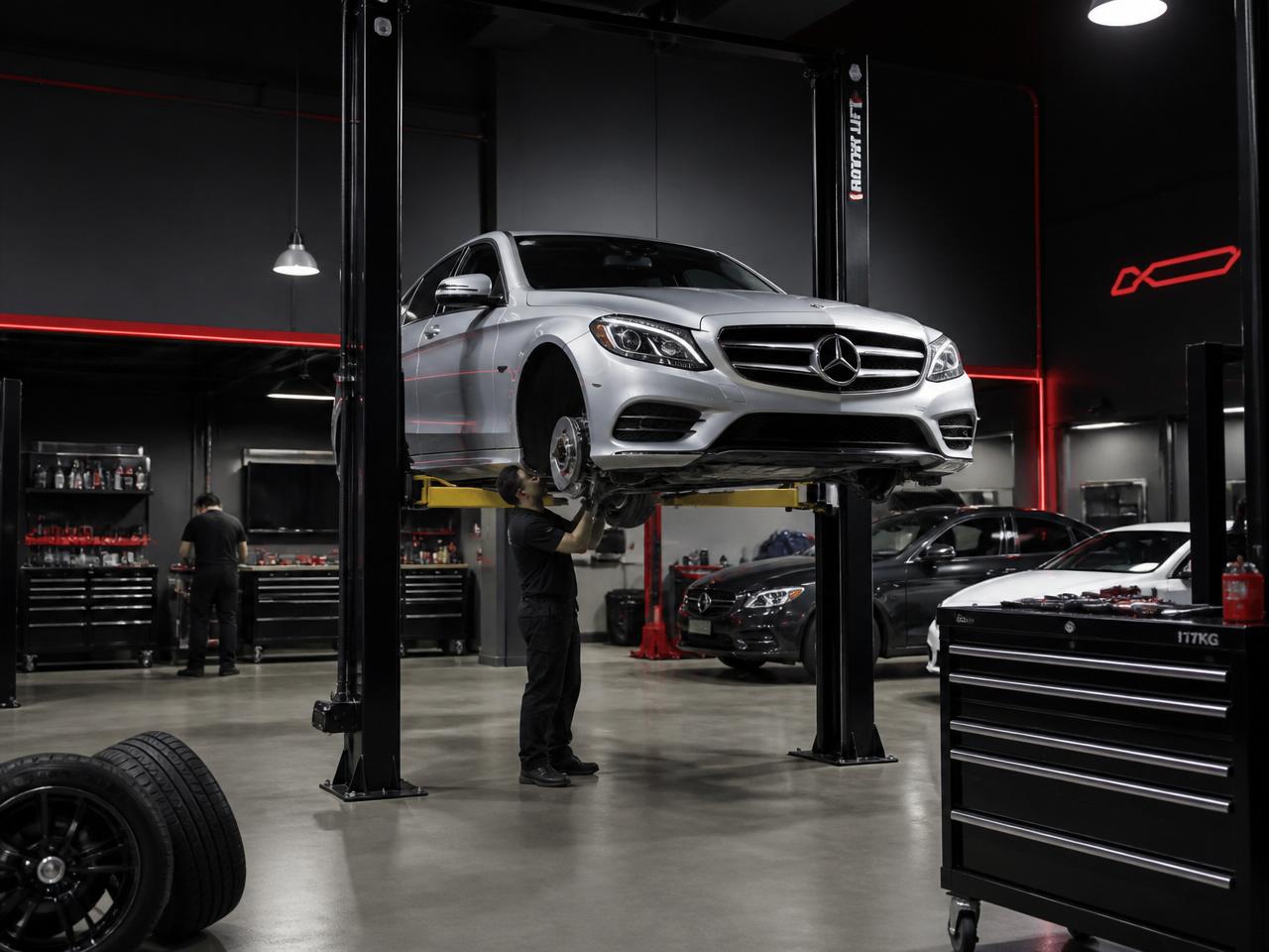 Technician servicing a Mercedes-Benz on a lift in a modern repair shop